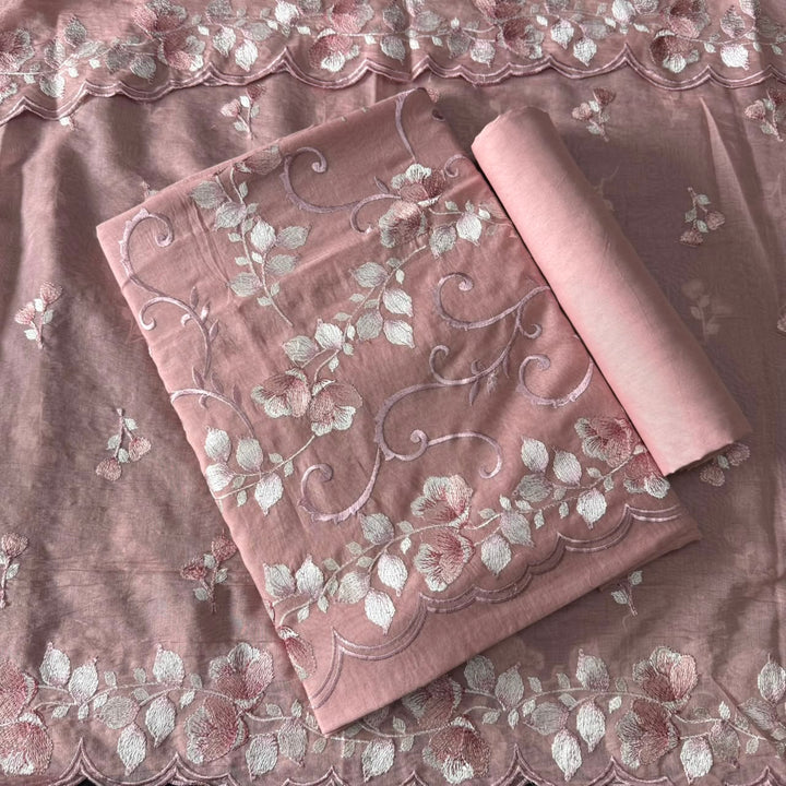 Premium Mul Chanderi Floral Thread Embroidered Unstitched Suit Set -LF1602-1