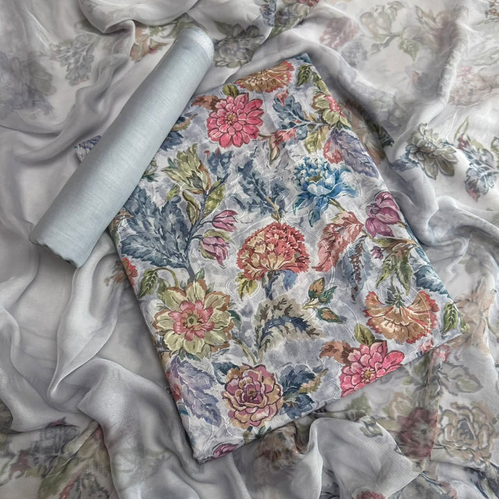 Premium Linen Cotton Digital Print Unstitched Suit Set-PSC046-B