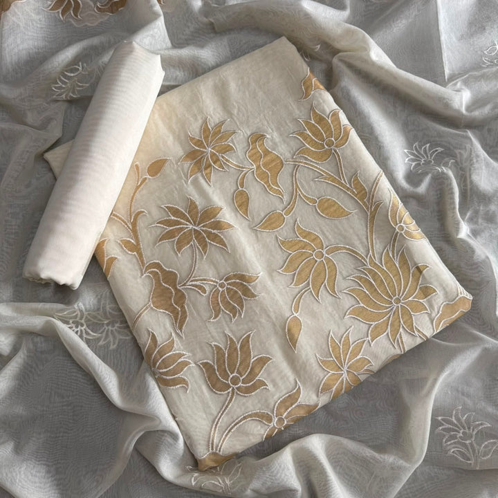 Premium Mul Chanderi Thread Work Unstitched Suit Set with Tissue Patch Dupatta| LF1502-01