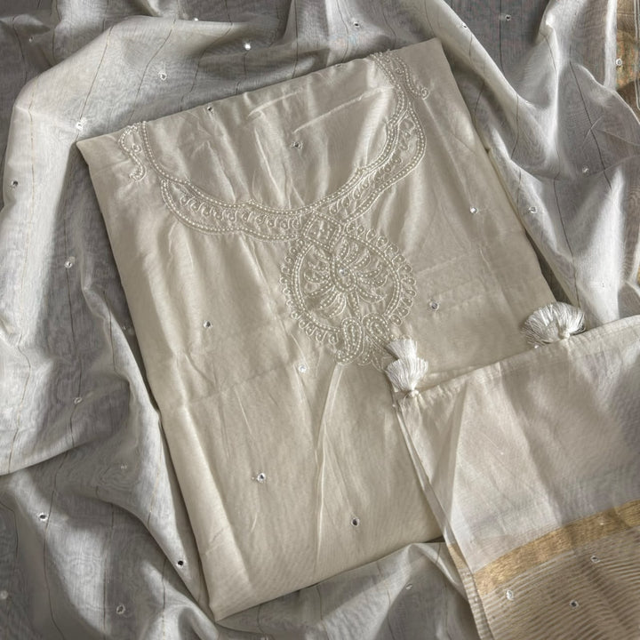 Premium Mul Chanderi Thread Embroidered Unstitched Suit Set with Designer Dupatta - LF1503