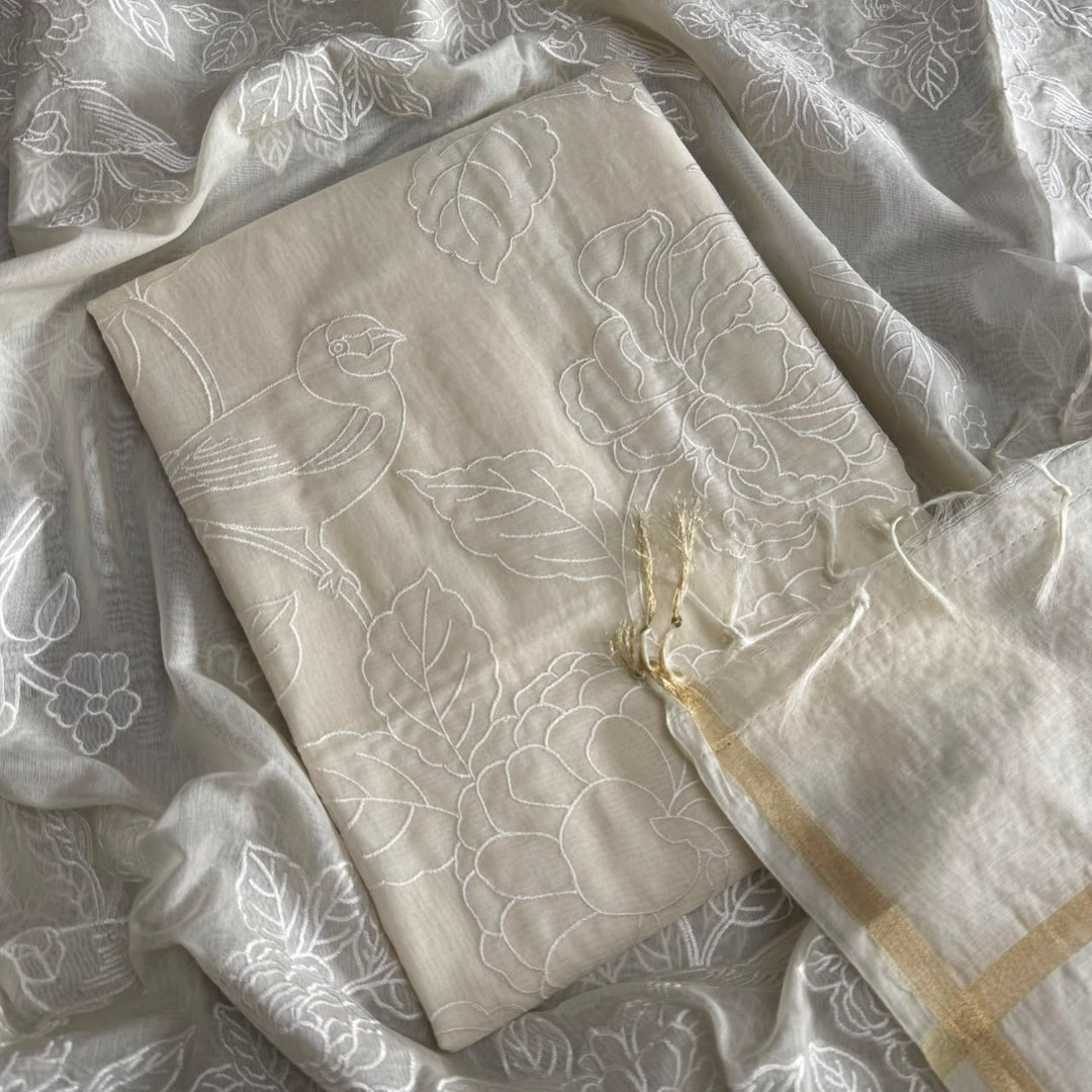 Premium Mul Chanderi Bird & Floral Thread Work Unstitched Suit Set - GE5111