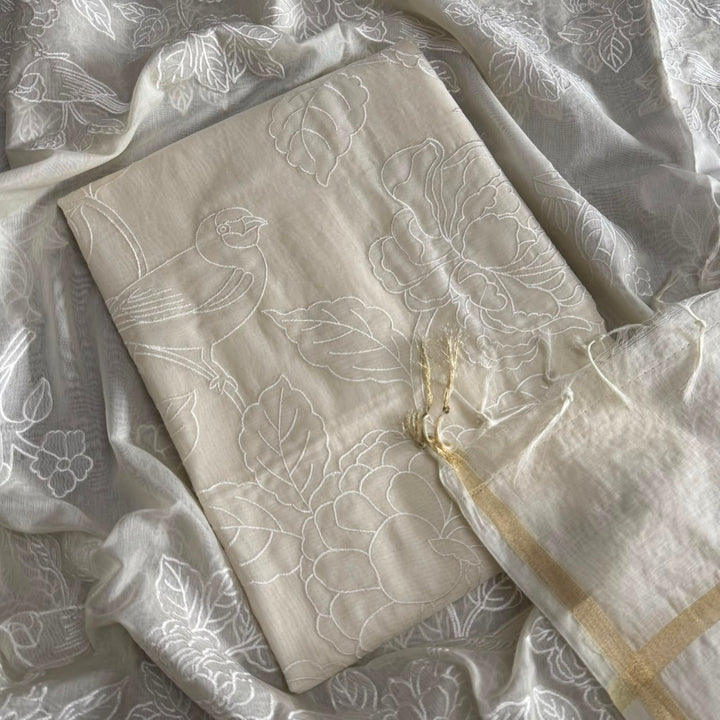 Premium Mul Chanderi Bird & Floral Thread Work Unstitched Suit Set - GE5111