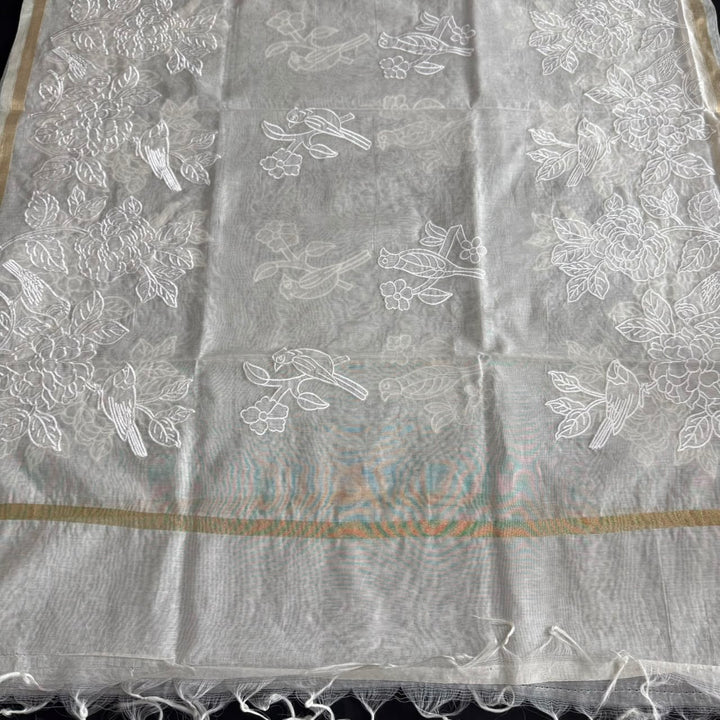 Premium Mul Chanderi Bird & Floral Thread Work Unstitched Suit Set - GE5111
