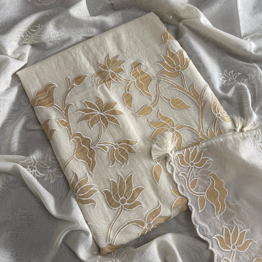 Premium Mul Chanderi Thread Work Unstitched Suit Set with Tissue Patch Dupatta| LF1502-01