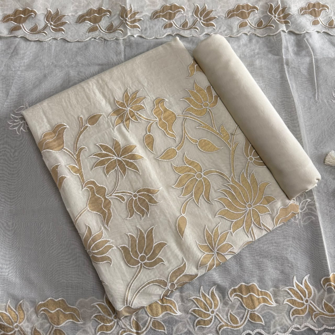 Premium Mul Chanderi Thread Work Unstitched Suit Set with Tissue Patch Dupatta| LF1502-01