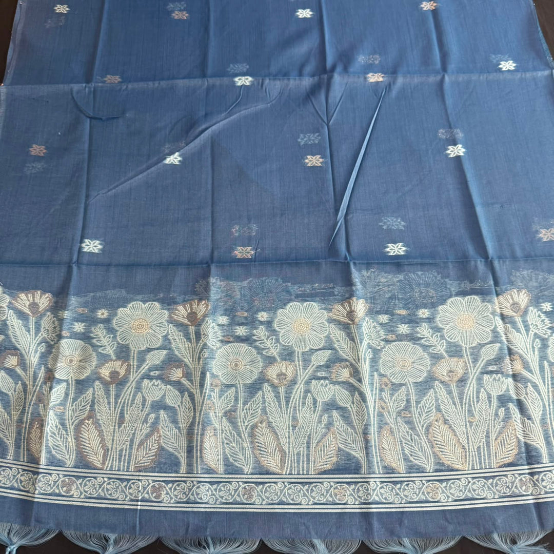 Jamdani Chanderi Silk Unstitched Suit Set with Matching Dupatta with Woven Border & Tassels - K10119