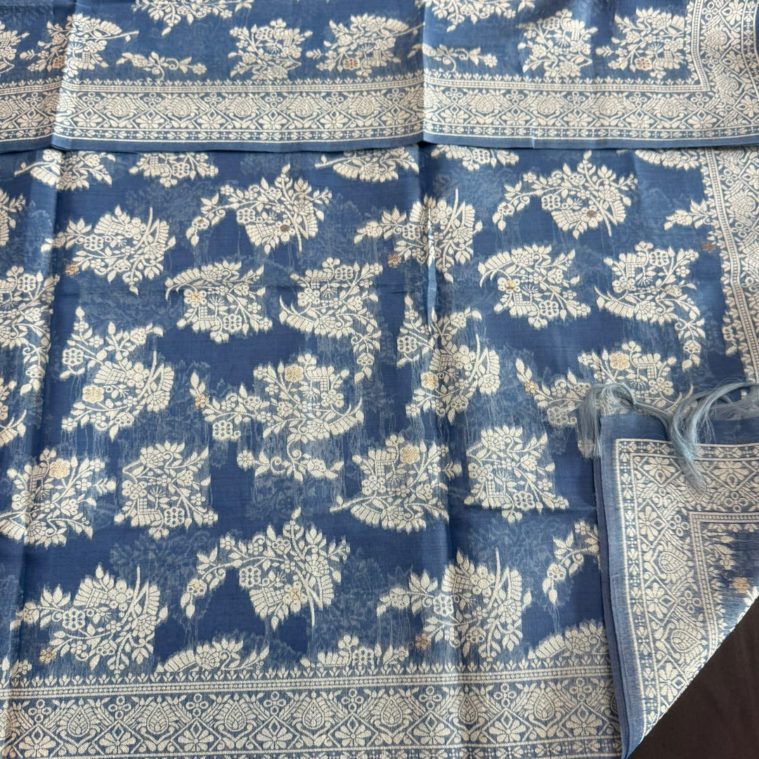 Jamdani Chanderi Silk Unstitched Suit Set with Matching Dupatta with Woven Border & Tassels - K10102
