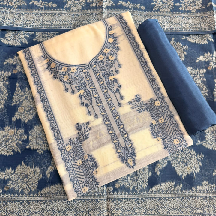 Jamdani Chanderi Silk Unstitched Suit Set with Matching Dupatta with Woven Border & Tassels - K10102