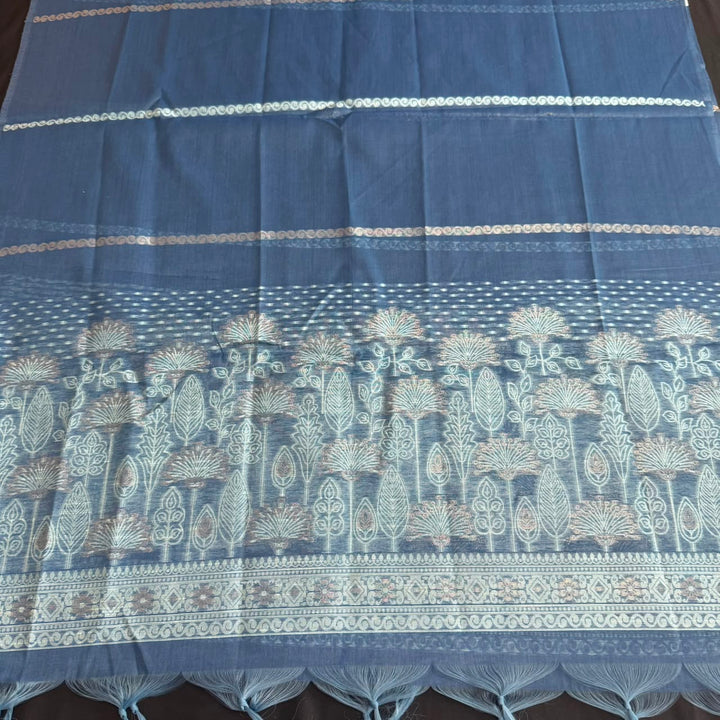 Jamdani Chanderi Silk Unstitched Suit Set with Matching Dupatta with Woven Border & Tassels - K10121