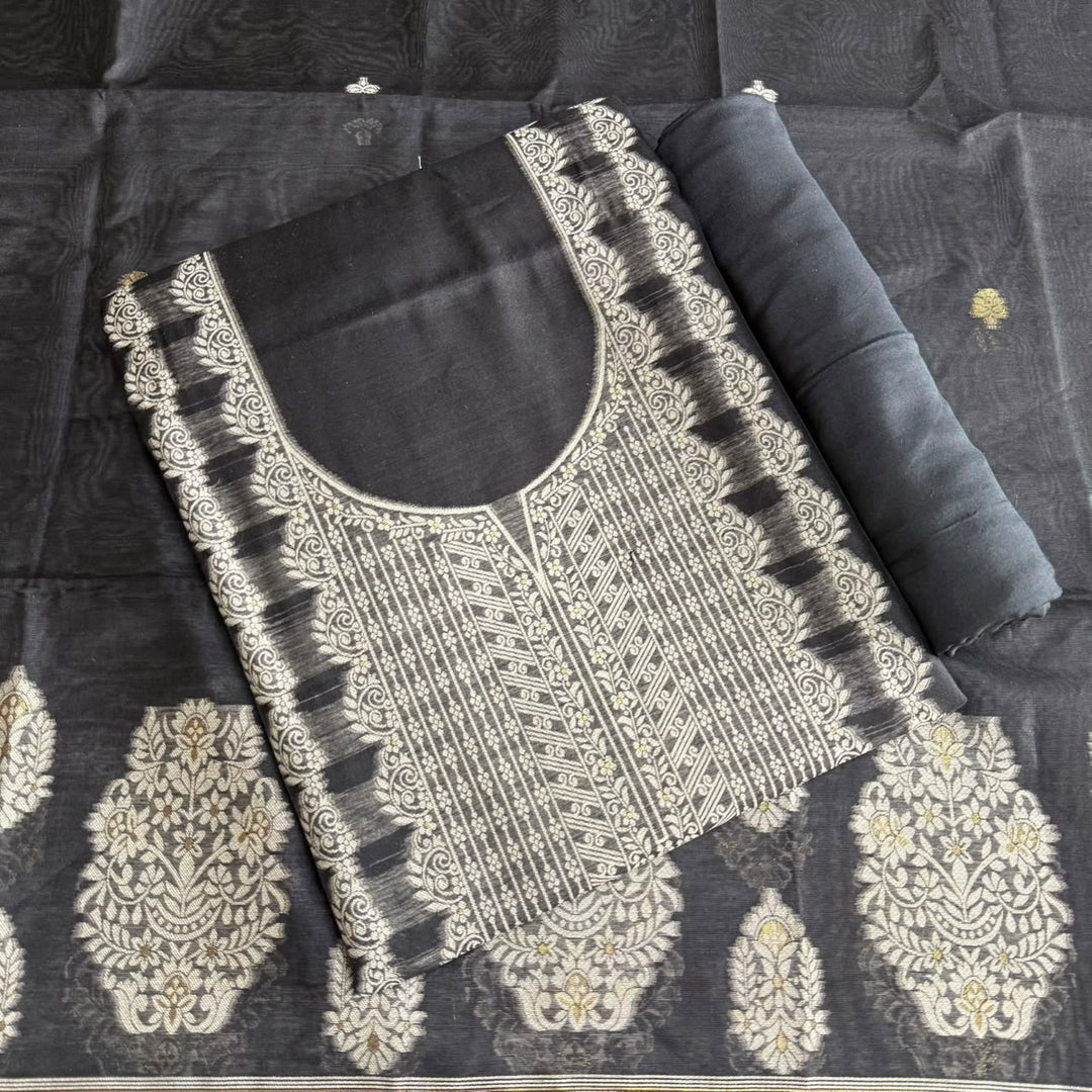Jamdani Chanderi Silk Unstitched Suit Set with Matching Dupatta with Woven Border & Tassels - K10308