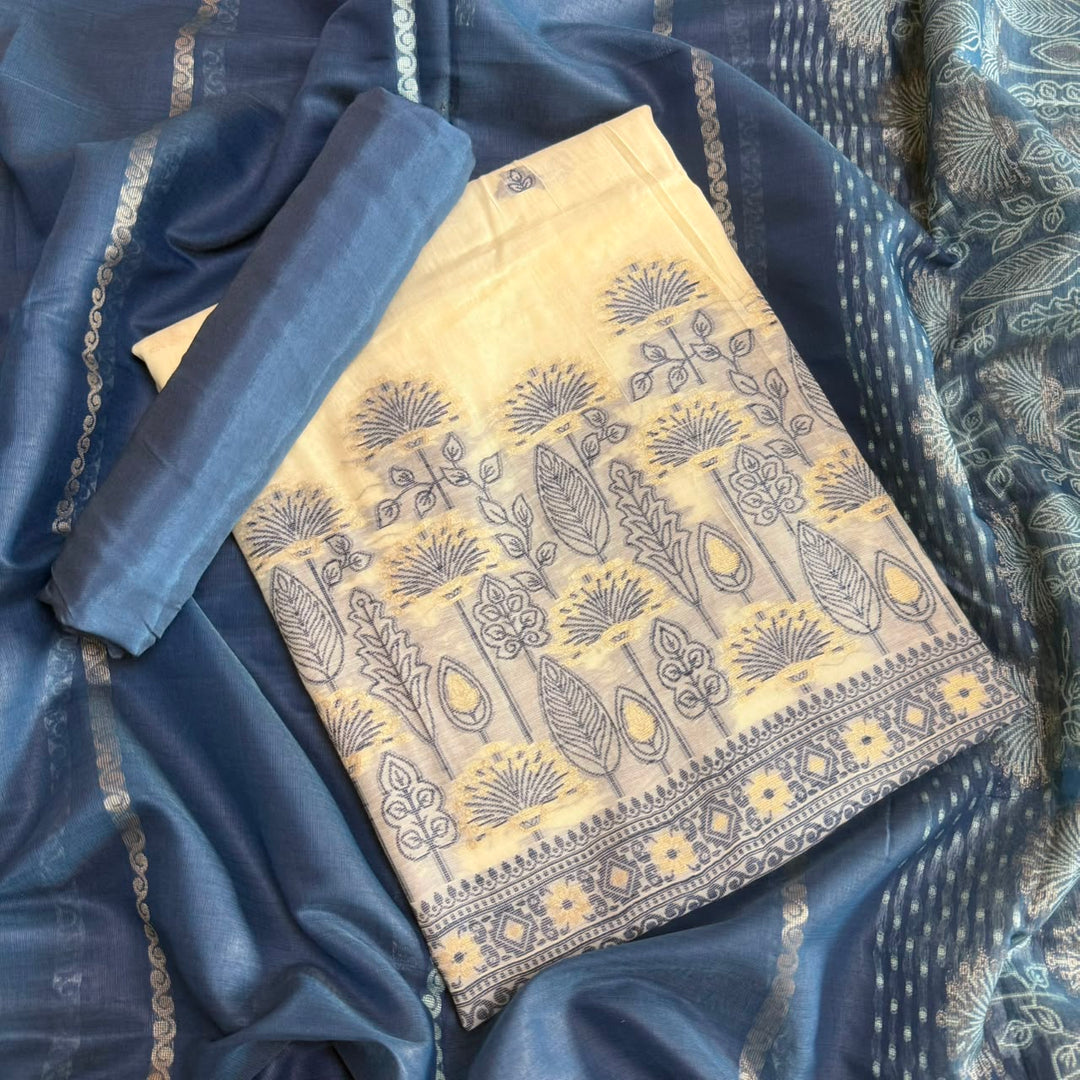 Jamdani Chanderi Silk Unstitched Suit Set with Matching Dupatta with Woven Border & Tassels - K10121