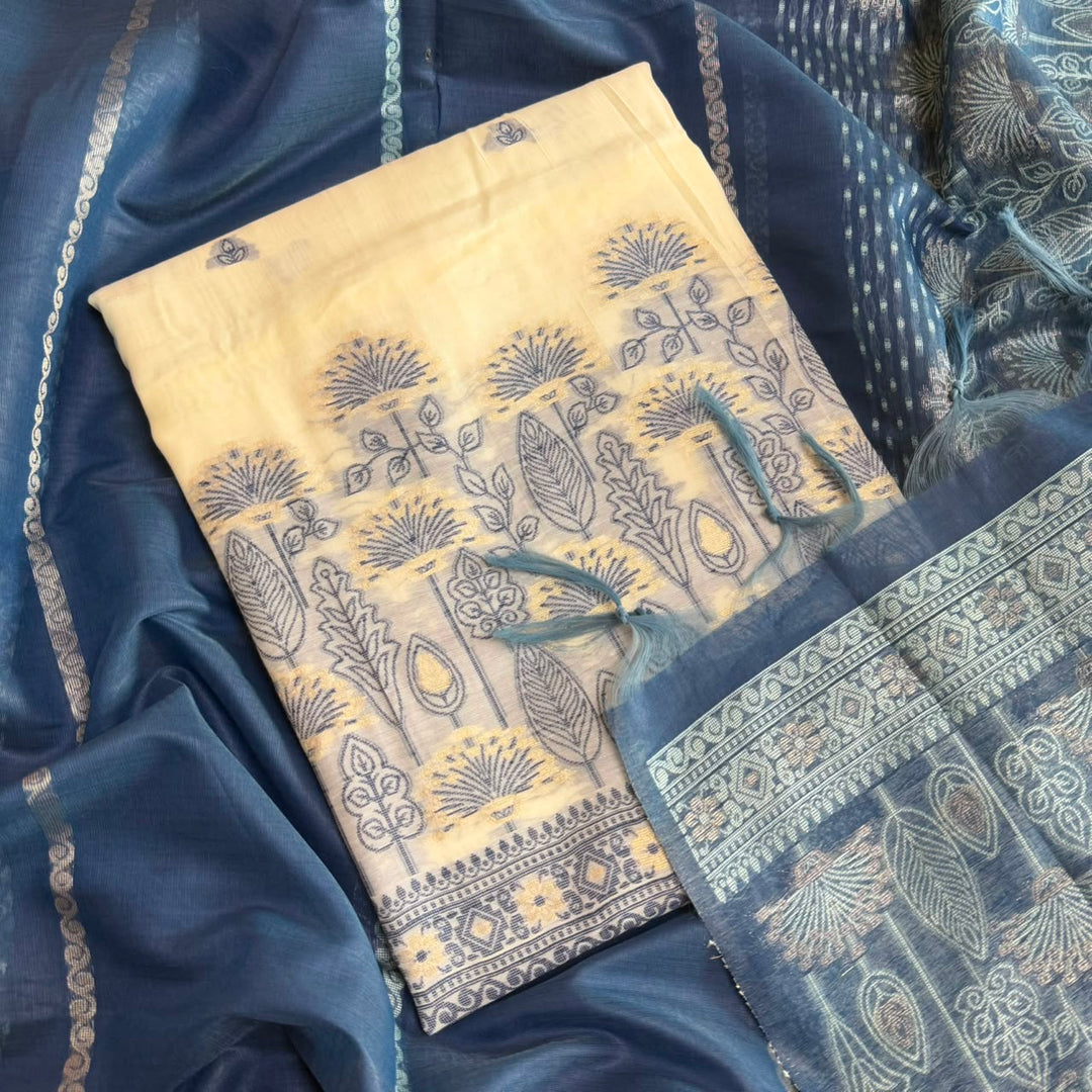 Jamdani Chanderi Silk Unstitched Suit Set with Matching Dupatta with Woven Border & Tassels - K10121