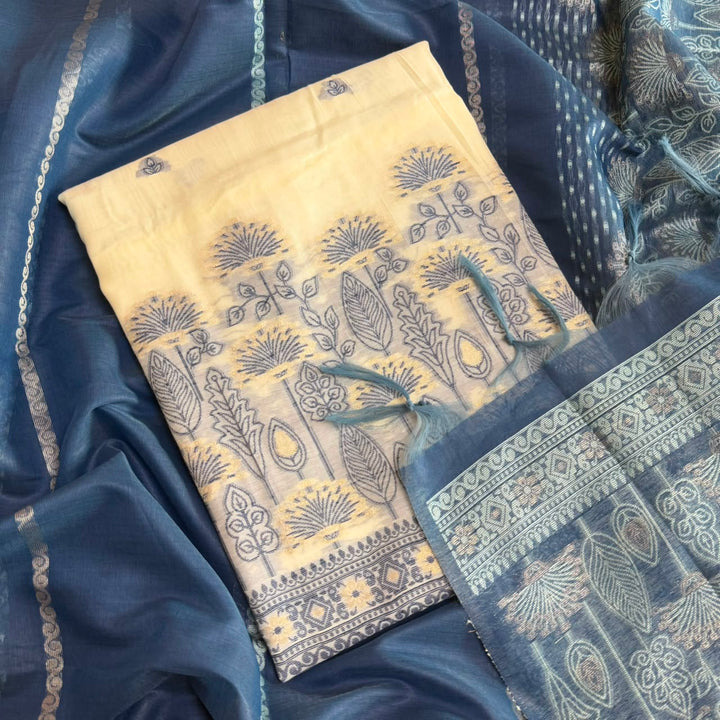 Jamdani Chanderi Silk Unstitched Suit Set with Matching Dupatta with Woven Border & Tassels - K10121