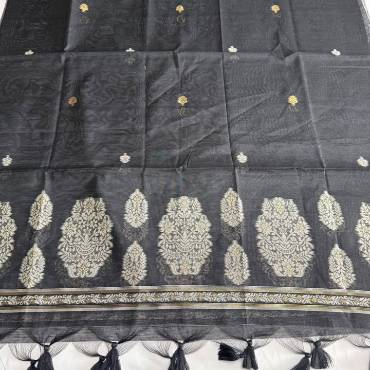 Jamdani Chanderi Silk Unstitched Suit Set with Matching Dupatta with Woven Border & Tassels - K10308
