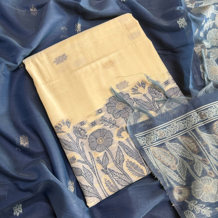 Jamdani Chanderi Silk Unstitched Suit Set with Matching Dupatta with Woven Border & Tassels - K10119