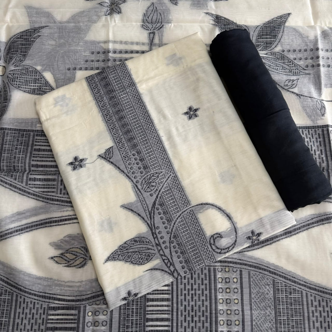 Jamdani Chanderi Silk Unstitched Suit Set with Matching Dupatta with Woven Border & Tassels - K10301