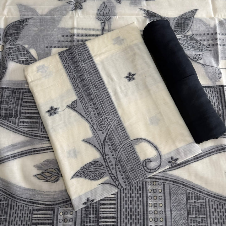 Jamdani Chanderi Silk Unstitched Suit Set with Matching Dupatta with Woven Border & Tassels - K10301