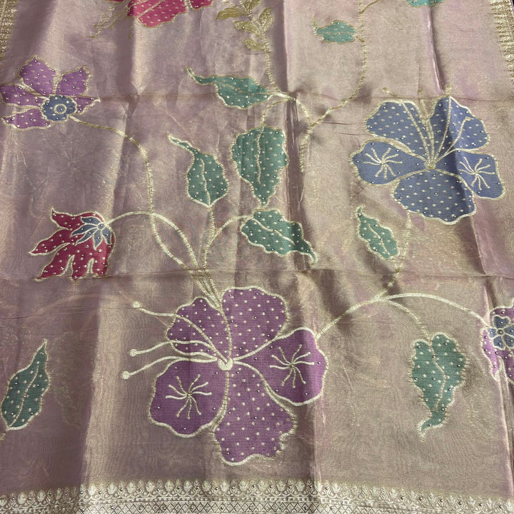 Premium Shimmer Tissue Unstitched Suit Set with Pearl, Dabka & Weaving Work - R13737-02