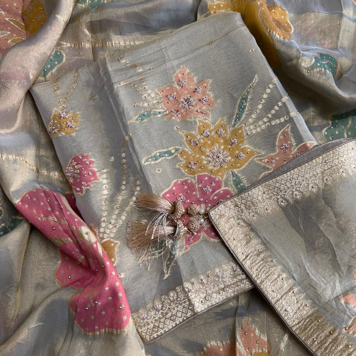 Premium Shimmer Tissue Unstitched Suit Set with Pearl, Dabka & Weaving Work - R13737-01