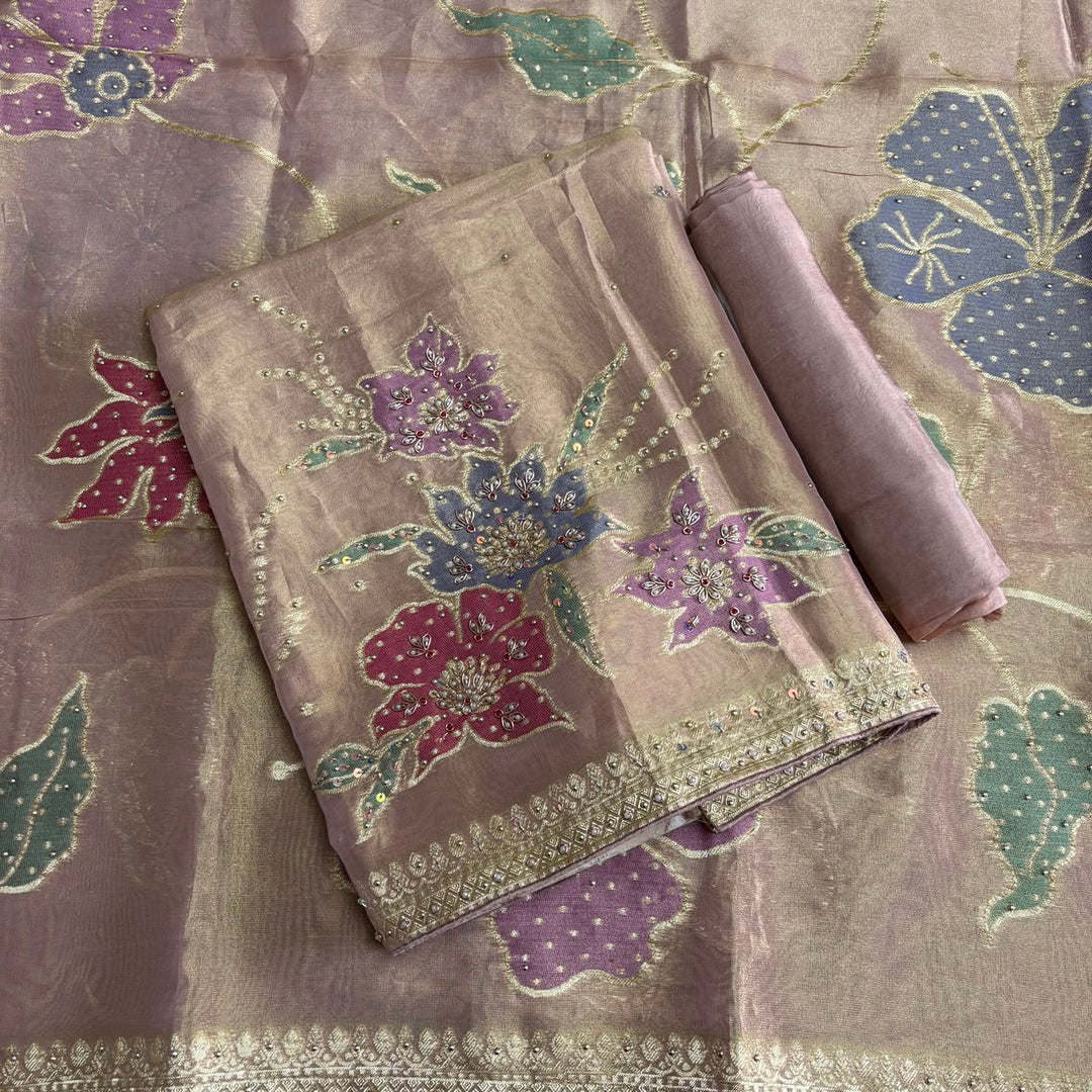 Premium Shimmer Tissue Unstitched Suit Set with Pearl, Dabka & Weaving Work - R13737-02