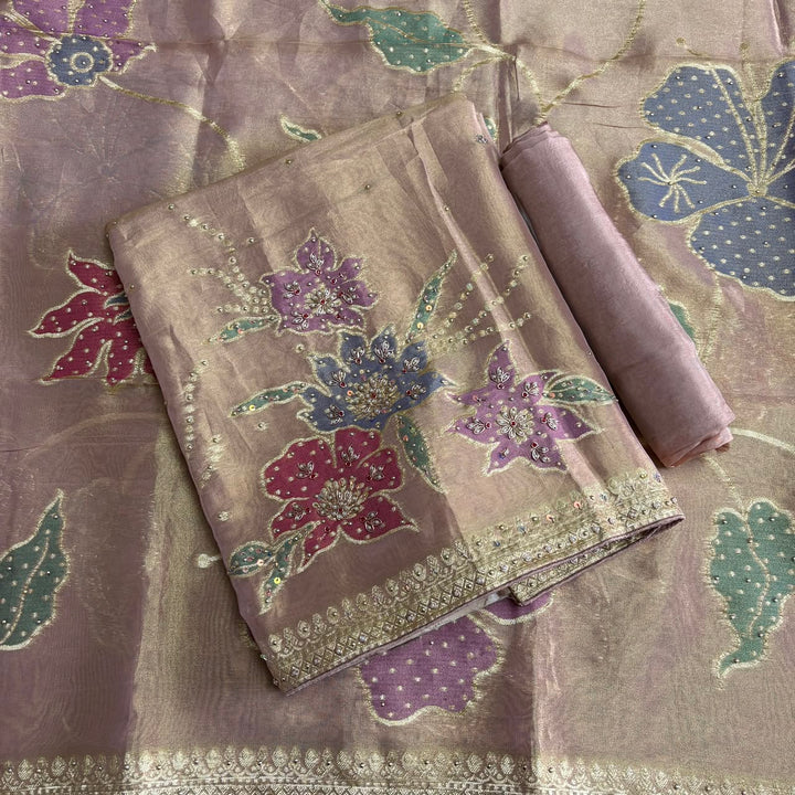 Premium Shimmer Tissue Unstitched Suit Set with Pearl, Dabka & Weaving Work - R13737-02