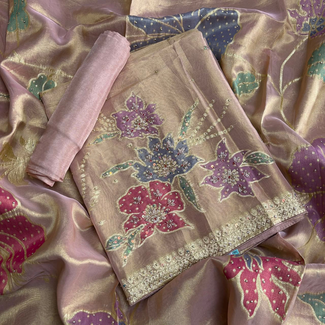 Premium Shimmer Tissue Unstitched Suit Set with Pearl, Dabka & Weaving Work - R13737-02