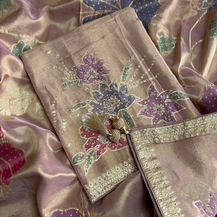Premium Shimmer Tissue Unstitched Suit Set with Pearl, Dabka & Weaving Work - R13737-02