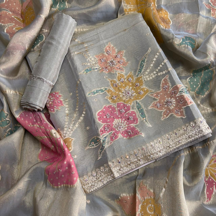Premium Shimmer Tissue Unstitched Suit Set with Pearl, Dabka & Weaving Work - R13737-01
