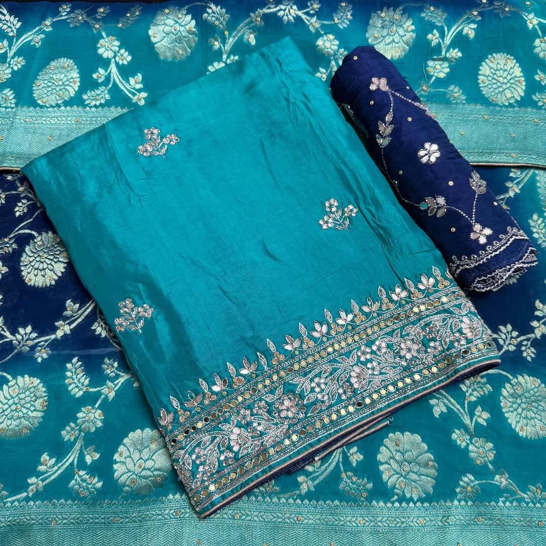 Beautiful Upada Silk Unstitched Suit Set with Dabka Handwork & Cutdana Embroidery - HSA245-A
