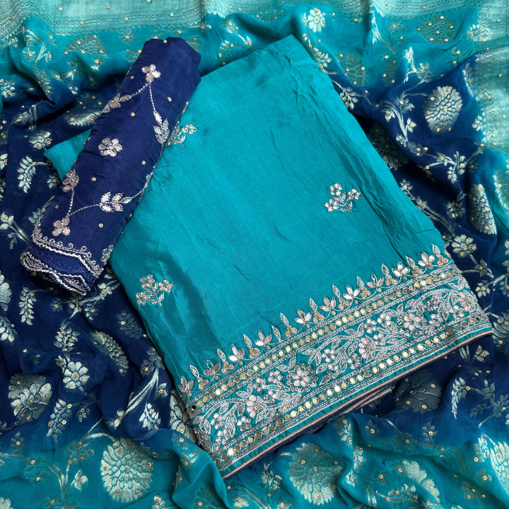 Beautiful Upada Silk Unstitched Suit Set with Dabka Handwork & Cutdana Embroidery - HSA245-A