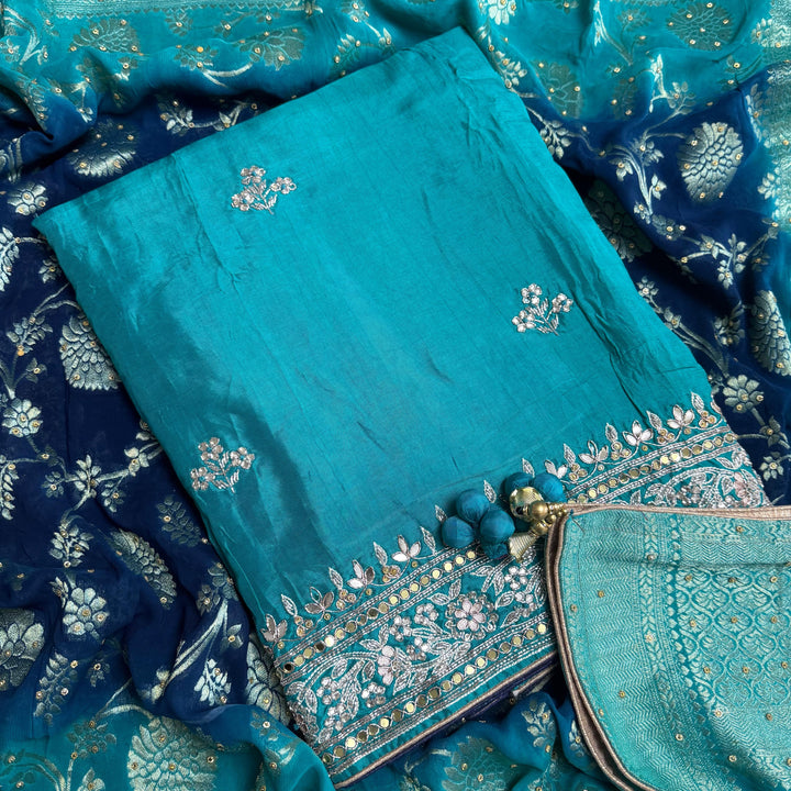 Beautiful Upada Silk Unstitched Suit Set with Dabka Handwork & Cutdana Embroidery - HSA245-A
