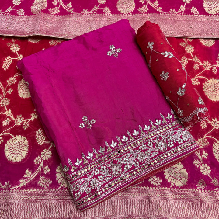 Beautiful Upada Silk Unstitched Suit Set with Dabka Handwork & Cutdana Embroidery - HSA245-B