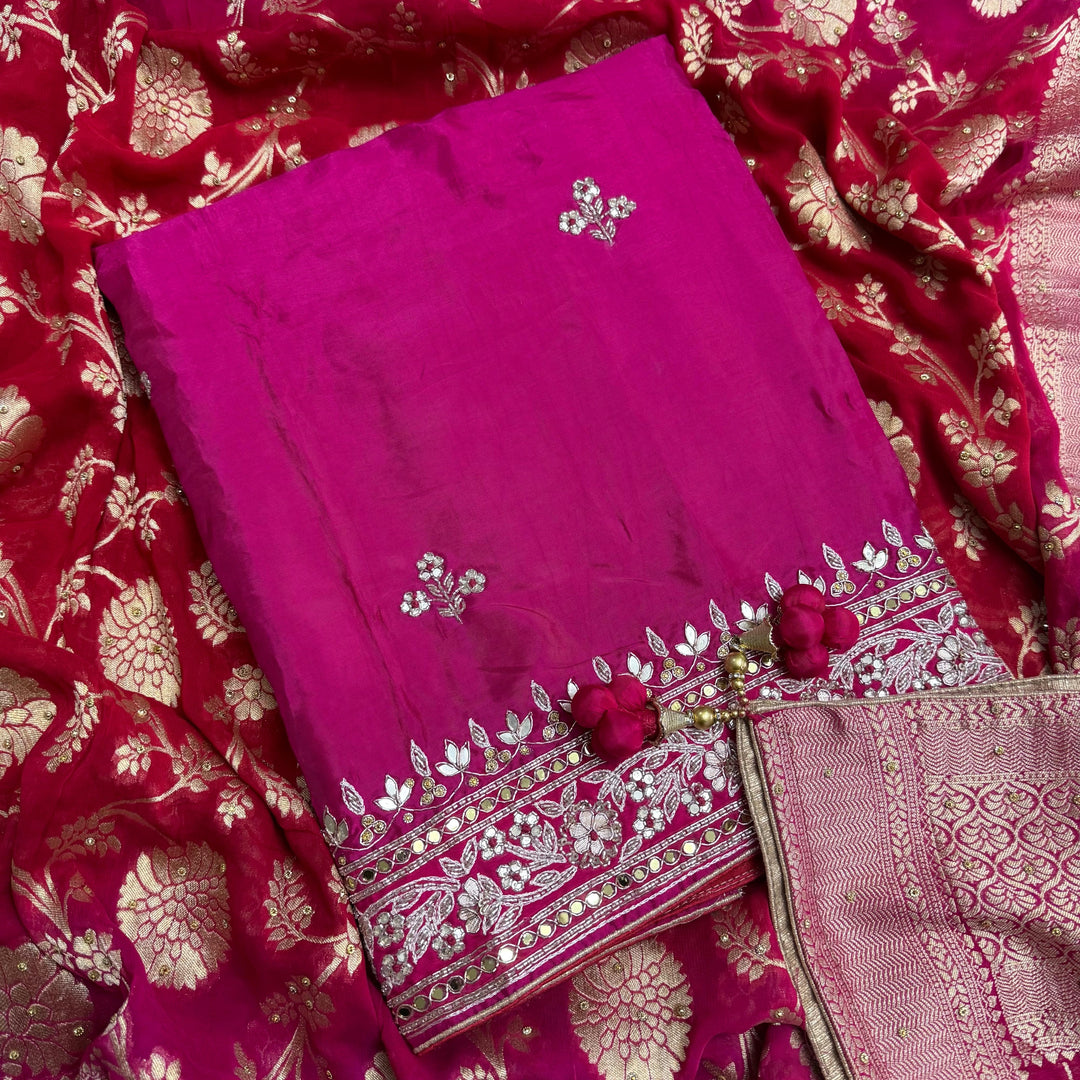 Beautiful Upada Silk Unstitched Suit Set with Dabka Handwork & Cutdana Embroidery - HSA245-B