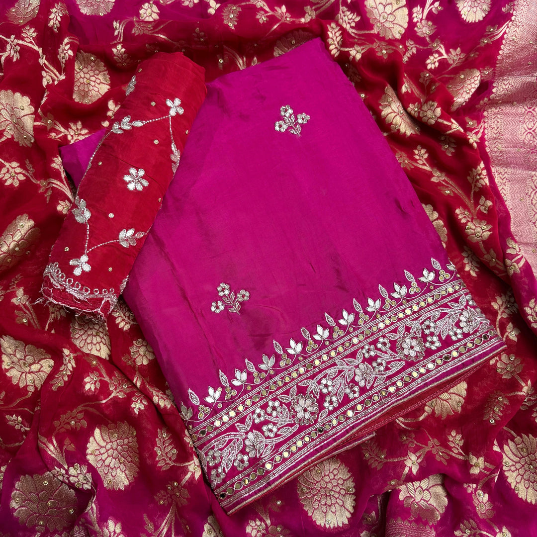 Beautiful Upada Silk Unstitched Suit Set with Dabka Handwork & Cutdana Embroidery - HSA245-B