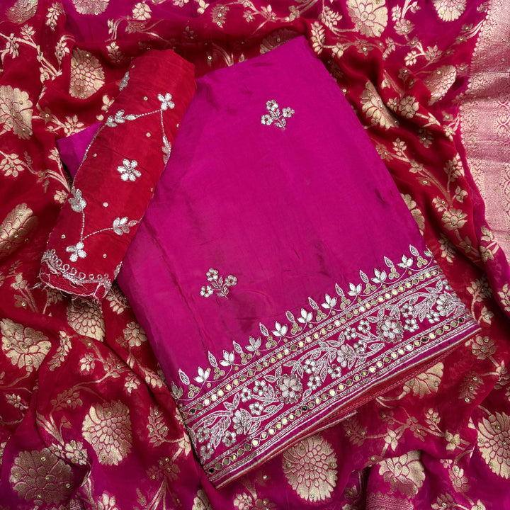 Beautiful Upada Silk Unstitched Suit Set with Dabka Handwork & Cutdana Embroidery - HSA245-B