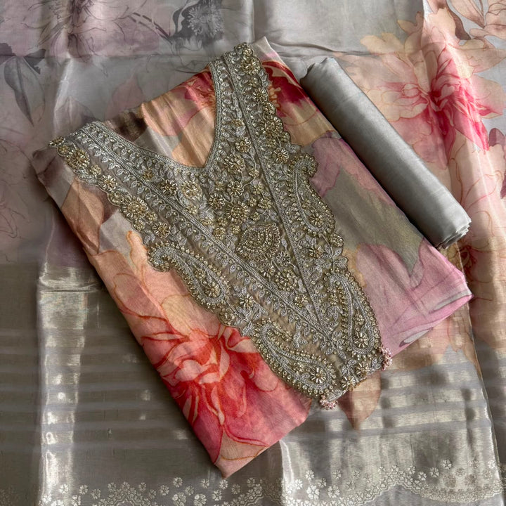 Elegant Shimmer Tissue Digital Print Unstitched Suit Set with Cutdana Embroidery - RC1236-A