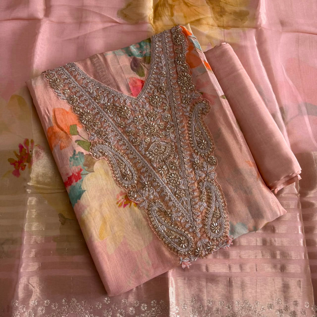 Elegant Shimmer Tissue Digital Print Unstitched Suit Set with Cutdana Embroidery - RC1236-B