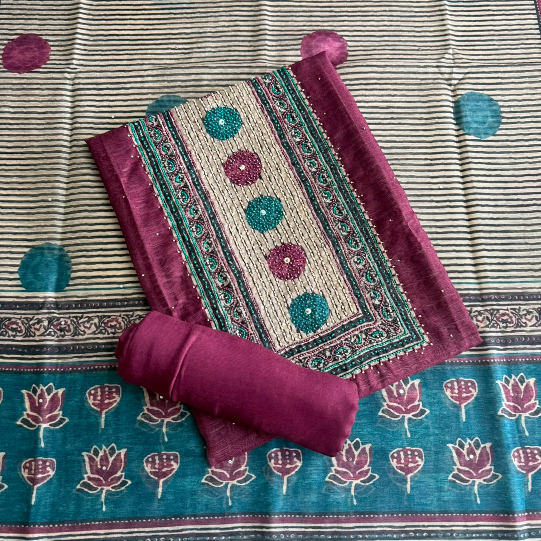 Premium Multicolour Pearl Work Chanderi Unstitched Suit Set - NS0778-01