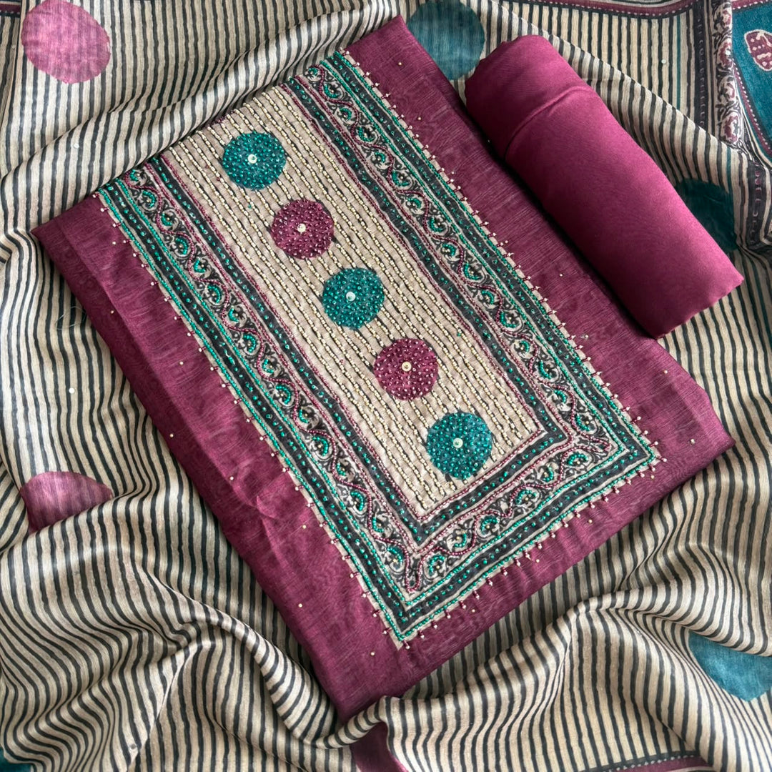 Premium Multicolour Pearl Work Chanderi Unstitched Suit Set - NS0778-01