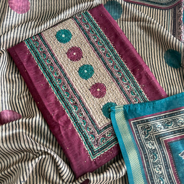 Premium Multicolour Pearl Work Chanderi Unstitched Suit Set - NS0778-01