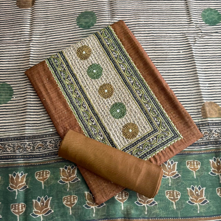 Premium Multicolour Pearl Work Chanderi Unstitched Suit Set - NS0778-02