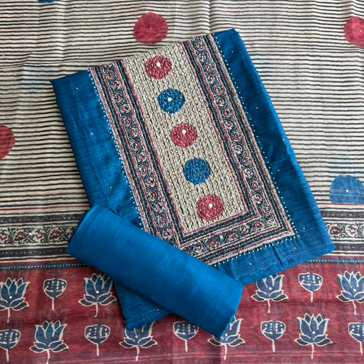 Premium Multicolour Pearl Work Chanderi Unstitched Suit Set - NS0778-03