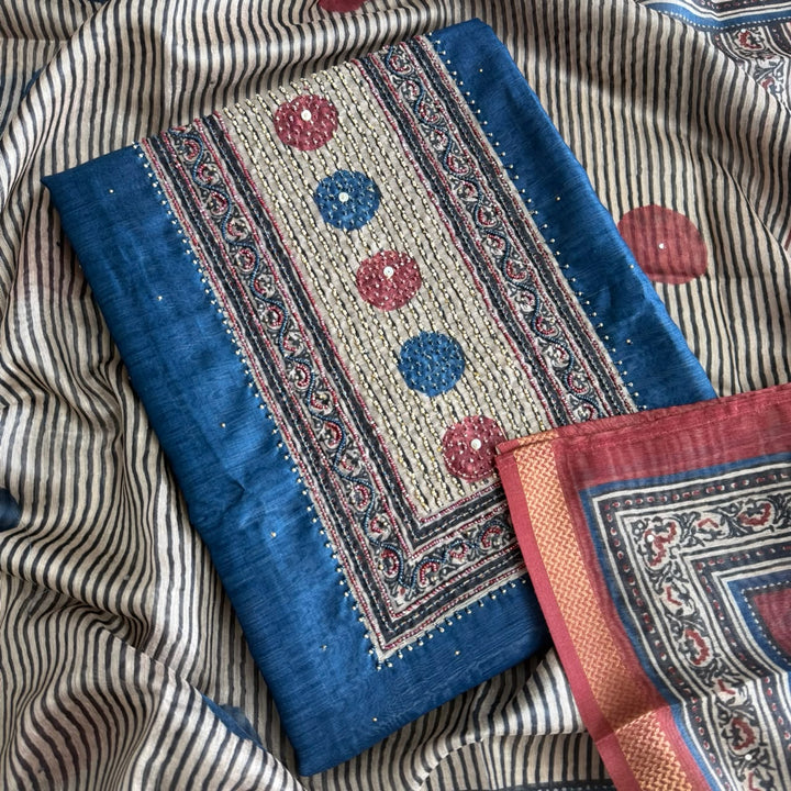 Premium Multicolour Pearl Work Chanderi Unstitched Suit Set - NS0778-03