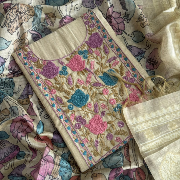 Premium Chanderi Unstitched Suit Set With Beautifully Multicolour Thread Embroidery - NS0824-1