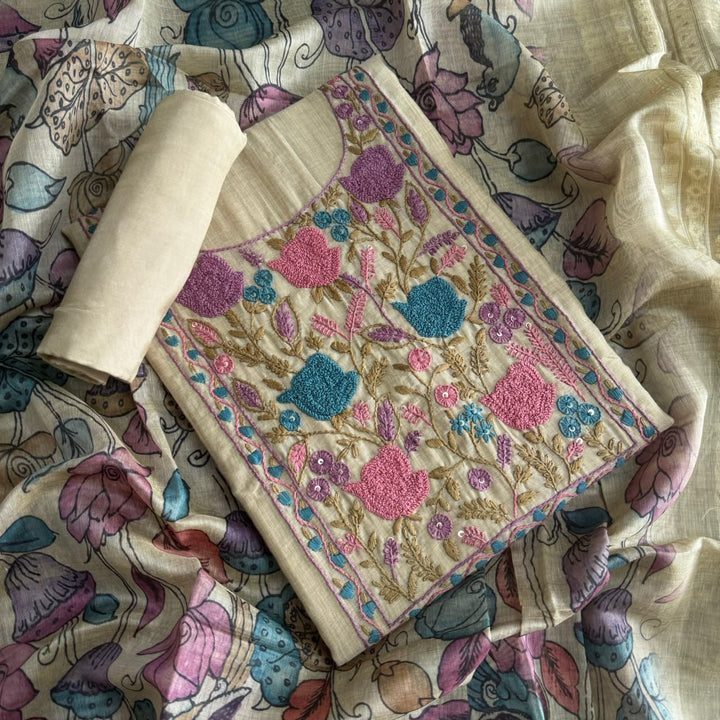 Premium Chanderi Unstitched Suit Set With Beautifully Multicolour Thread Embroidery - NS0824-1