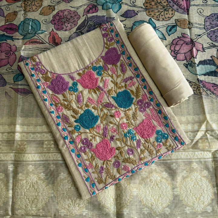 Premium Chanderi Unstitched Suit Set With Beautifully Multicolour Thread Embroidery - NS0824-1