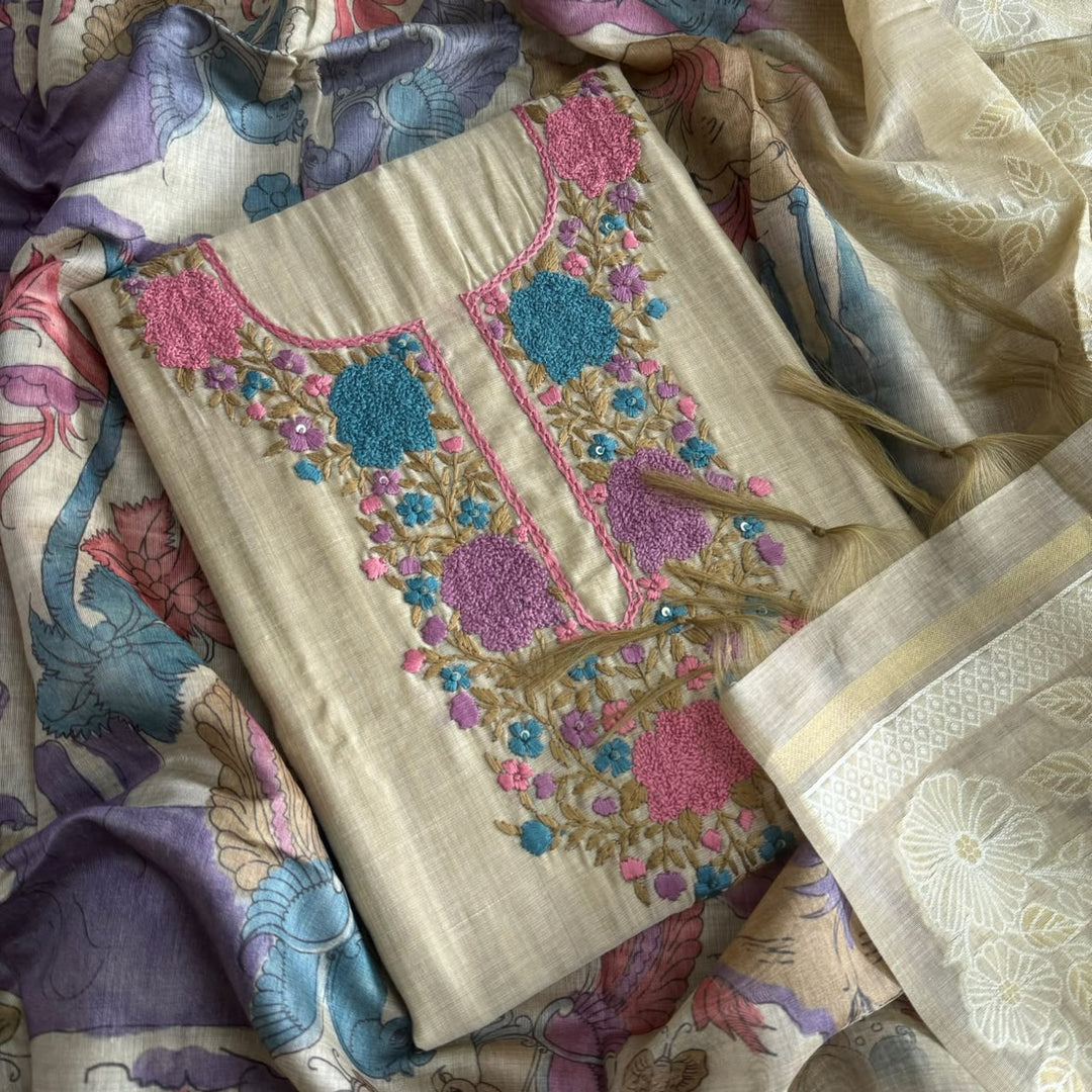 Premium Chanderi Unstitched Suit Set With Beautifully Multicolour Thread Embroidery - NS0824-2