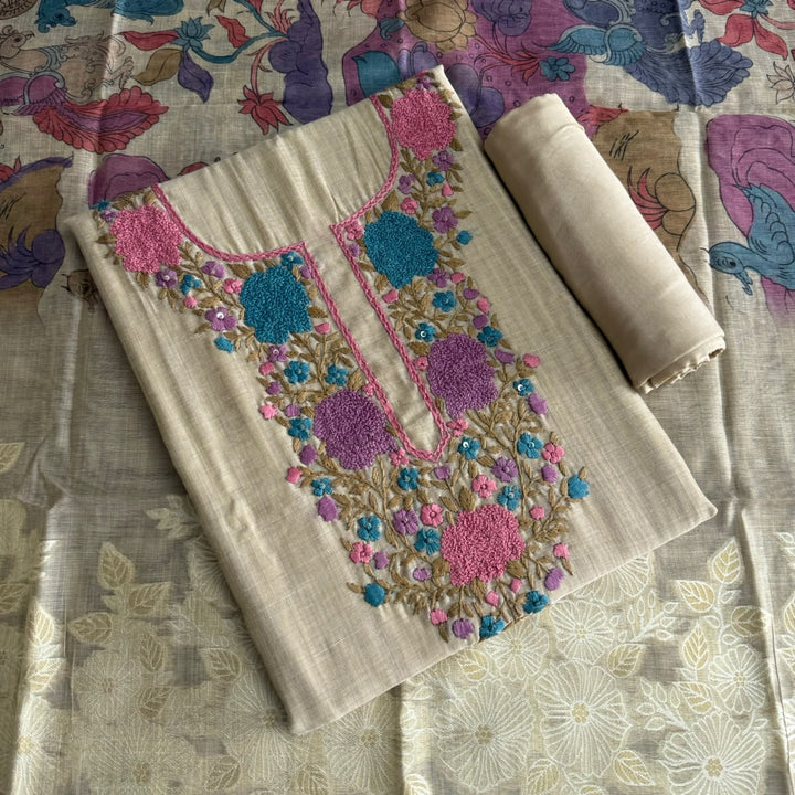 Premium Chanderi Unstitched Suit Set With Beautifully Multicolour Thread Embroidery - NS0824-2