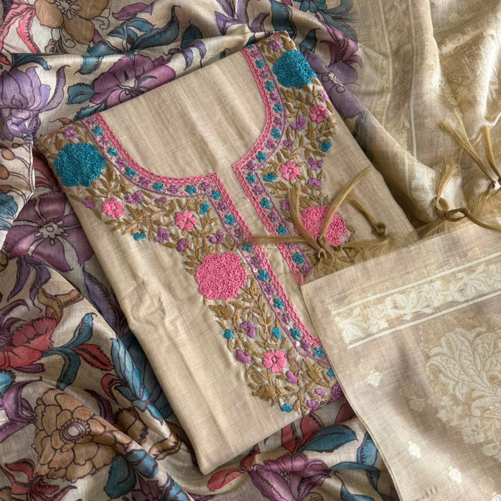 Premium Chanderi Unstitched Suit Set With Beautifully Multicolour Thread Embroidery - NS0824-3