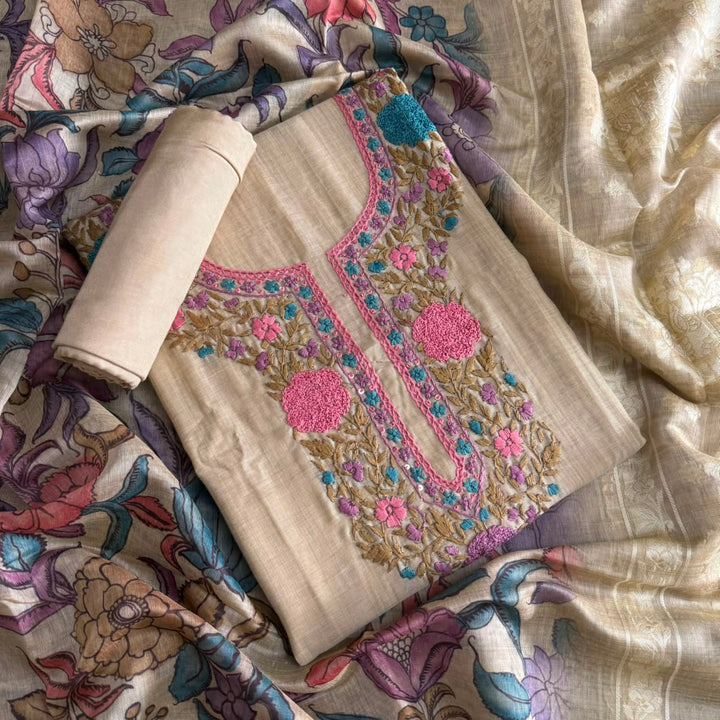 Premium Chanderi Unstitched Suit Set With Beautifully Multicolour Thread Embroidery - NS0824-3